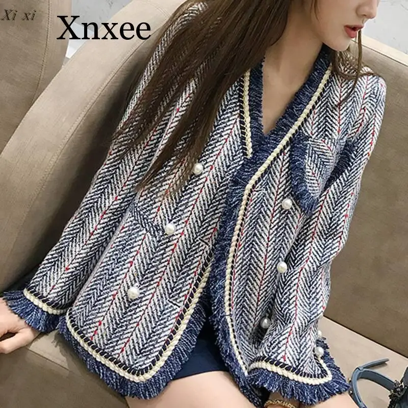 

Xnxee Blue White Striped Tweed Jacket 2019 Winter Women Long Sleeve V Neck Elegant Overcoat Bead Pearls Tassels Cardigan Coat