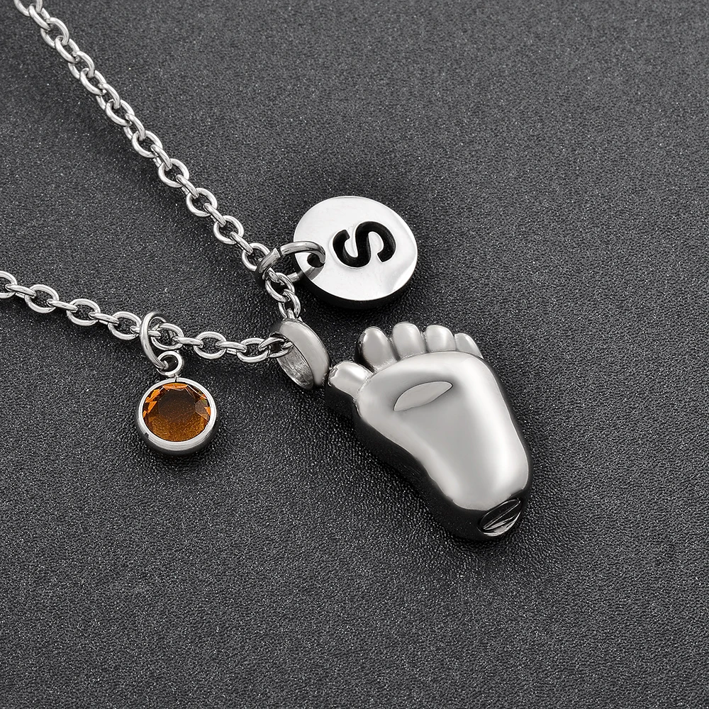 Bayby Foot Shape High Grade Urn Pendant Necklace for Ashes  Memorial  Cremation Keepsake Urns  Unisex Jewelry With Alphabet