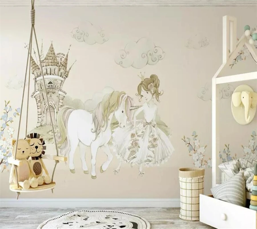 wellyu Custom wallpaper little princess and one-horned horse castle fairy tale children's room background wall 3d wallpaper