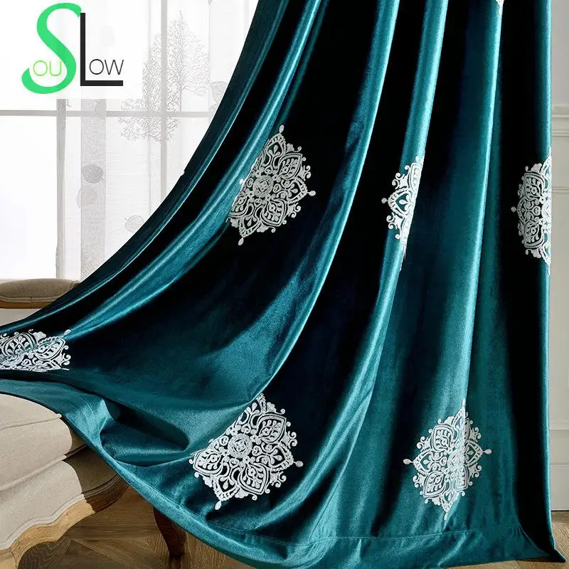 Slow Soul Mark Dark Blue Green Velvet Curtain Bedroom Curtains European Embroidered French Window For Living Room Tulle Kitchen