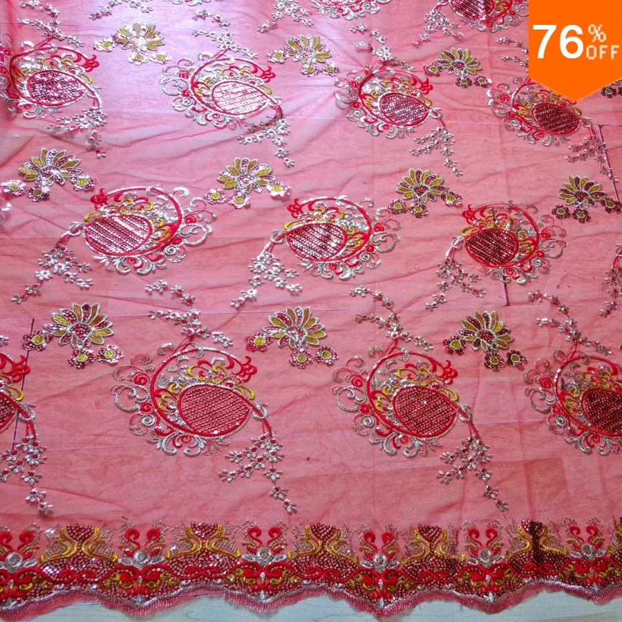 

Complex Red Colorful Embroidery Beads sheet on the Red golden flashing flowers Legend of ancient Greek Harp Voile Lace Fabric