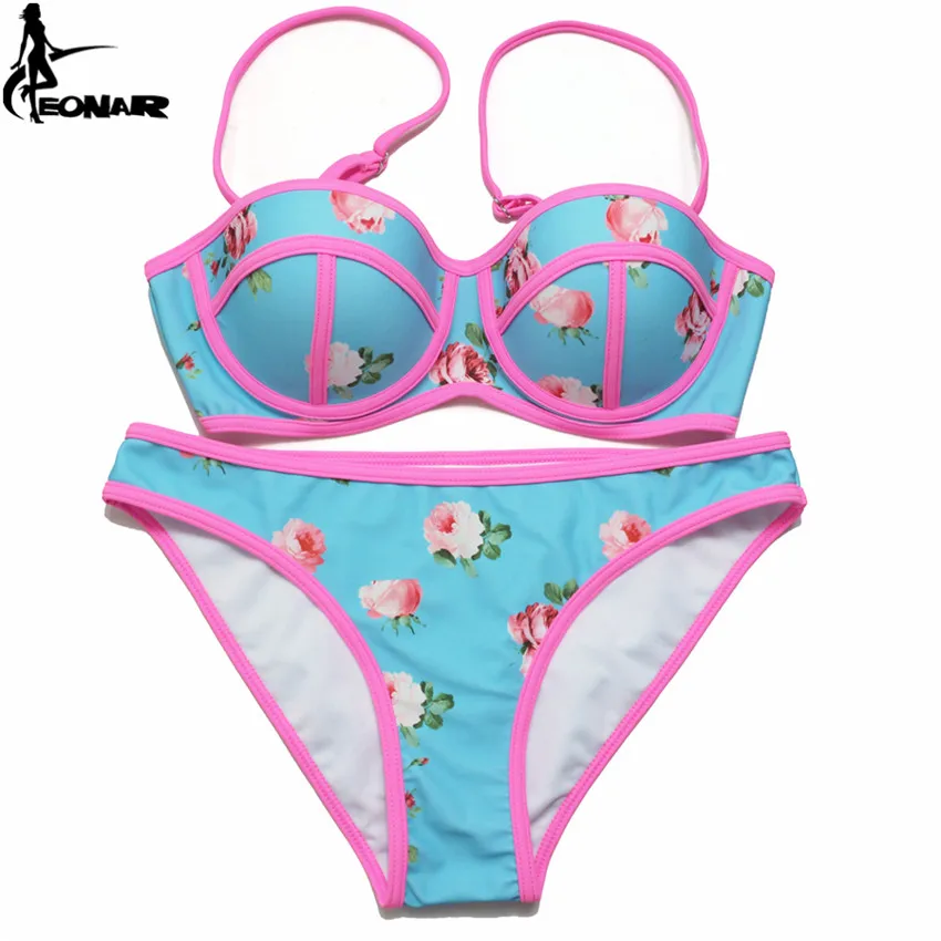 EONAR-Conjunto de bikini con estampado floral push-up para mujer, traje de baño, correa de Halter ajustable, lazos en la espalda, trajes de baño