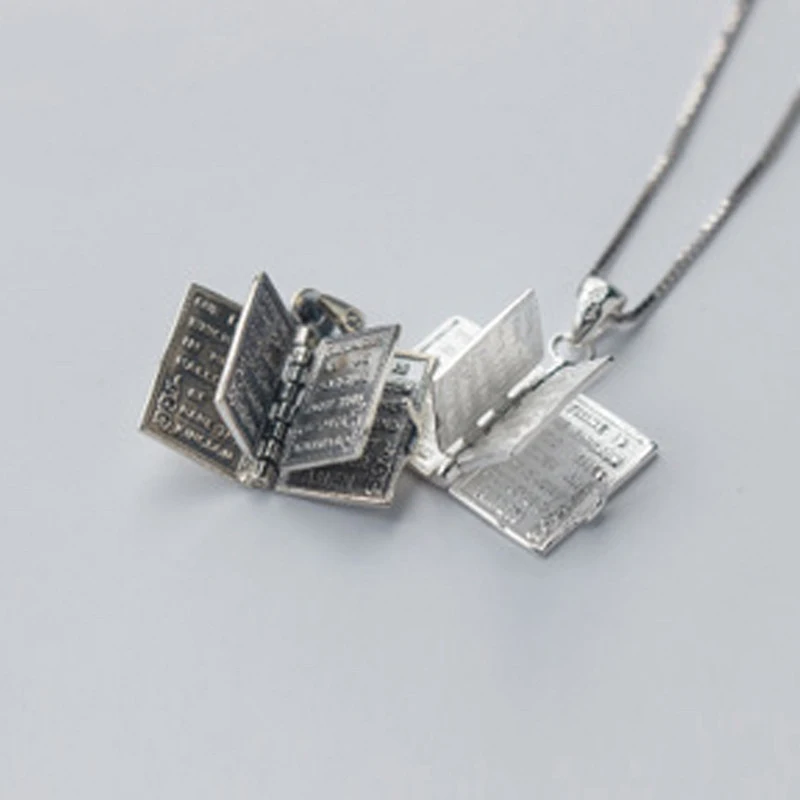 MloveAcc Solid 925 Sterling Silver Holy Bible Necklaces & Pendants Book Page Charms Power Necklace Christian Gifts Religious