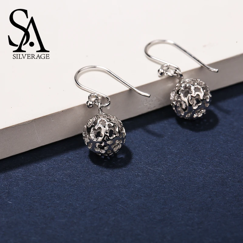 

SA SILVERAGE Real 925 Sterling Silver Hollow Drop Earrings for Women Fine Jewelry 925 Silver Flower Ball Big Long Earrings Sets