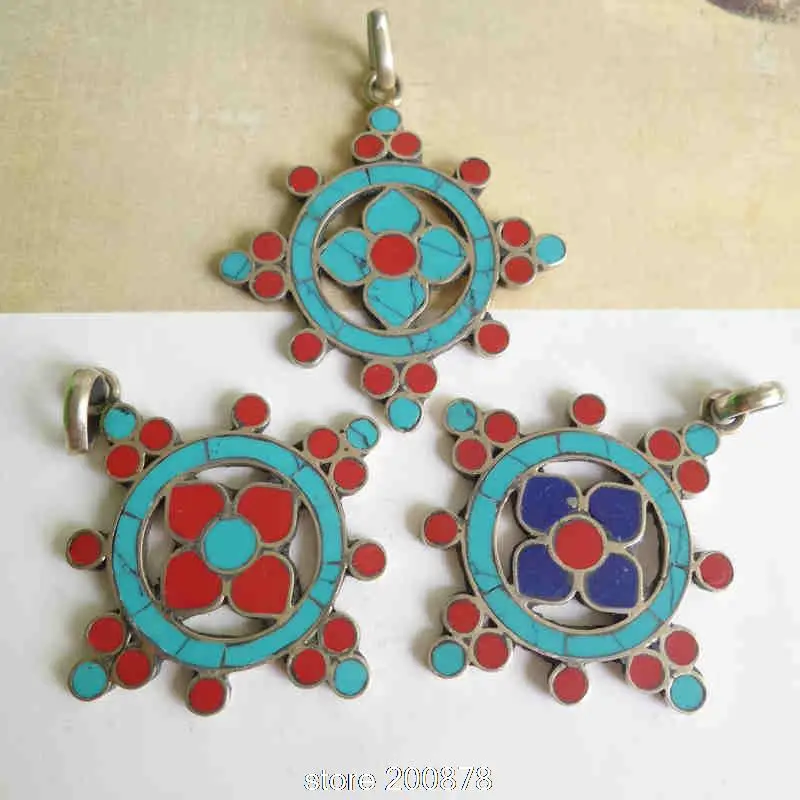 TBP317 Nepalese Metal white Copper vintage Flower pendants Tibetan Stone Lotus Kingkong Amulet Charms