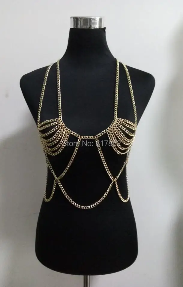 New Style Fashion Women Gold colour Chains Layers Sexy Bra Body Chains Jewelry 3 Colors WRB27