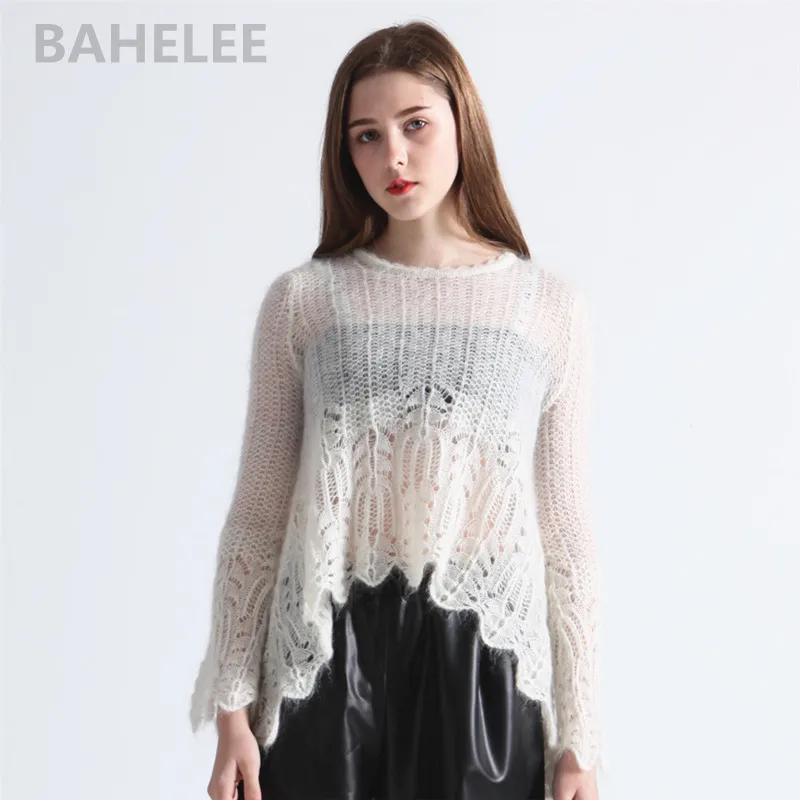 BAHTLEE-Women's Mohair Knitted Pullovers, O-Neck Sweater, Hollowing Out Sweater, Long Sleeves, Wool Jumper, Lazy Style, Spring