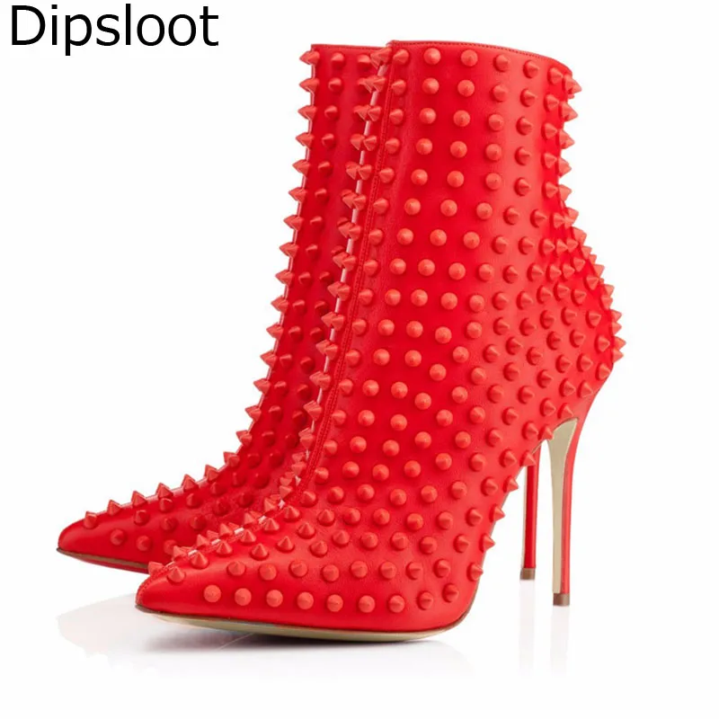 Sexy Black/red Full Rivets Studs Leather Pointed Toe Ankle Boots Stiletto Heels Solid Boots Women Street Dress Zip Short Bottine