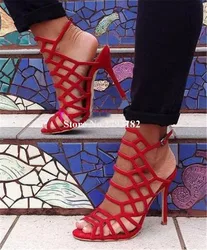 Brand Design Women Fashion Open Toe Suede Leather Stiletto Heel Gladiator Sandals Blue Red Cut-out High Heel Sandals Dress Shoes