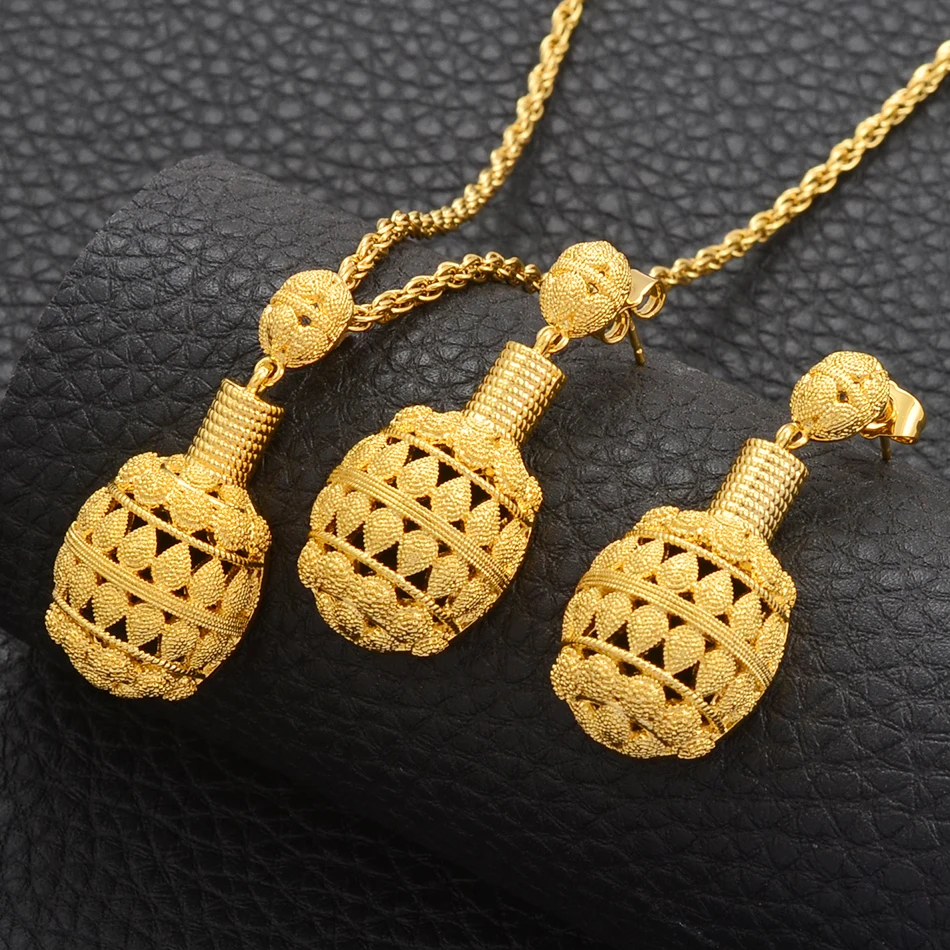 Dubai Jewelry Sets for Women Gold Color Ethiopian Pendant Necklaces Earrings Middle Eastern Arab African Nigeria Kenya Sudan