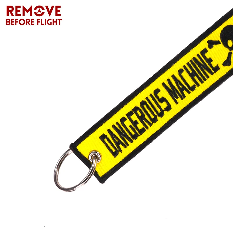 3 PCS Dangerous Machine Warning Tag Skull Keychain for Factory Motorcycles and Cars Key Tags Embroidery Yelloew Danger Keychain