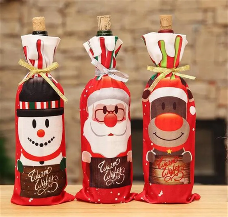 

50pcs Table Decor Dinner Party Red Wine Christmas Santa Tree Bottle Cover Bag Sets Bottle Decor for New Year Xmas Dinner Pa