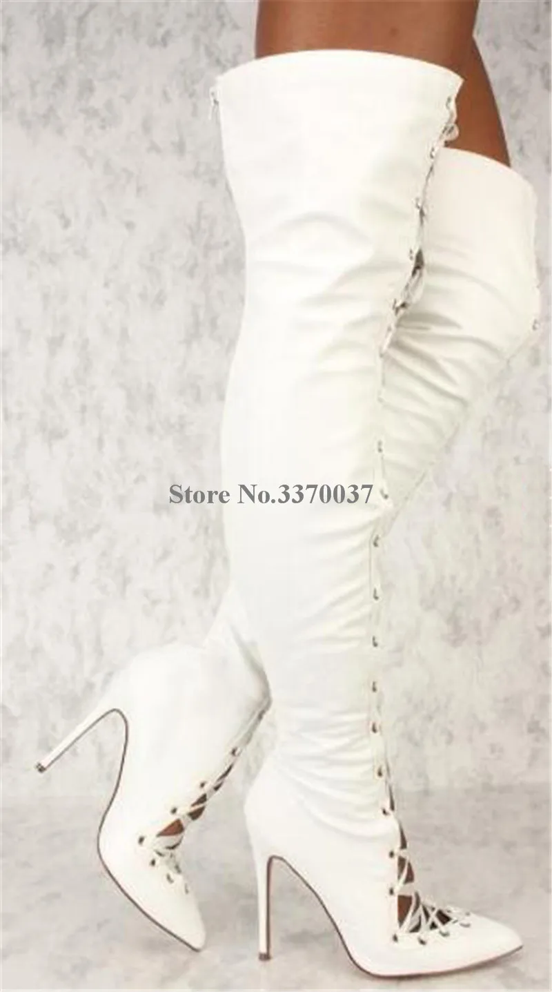 New Fashion Women Pointed Toe Blue White Denim Over Knee Gladiator Boots Lace-up Cut-out Thin Heel Long High Heel Boots Club