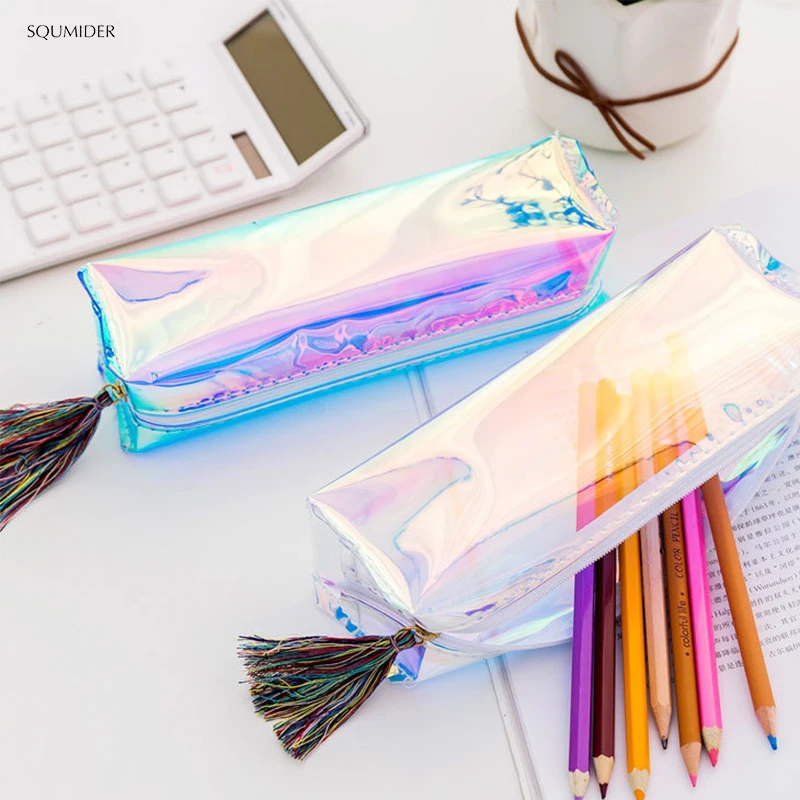 Creative Laser School Pencil Cases Colorful Transparent Cosmetic Makeup Bag Pouch Cute Girls Pencil Bag High Capacity School