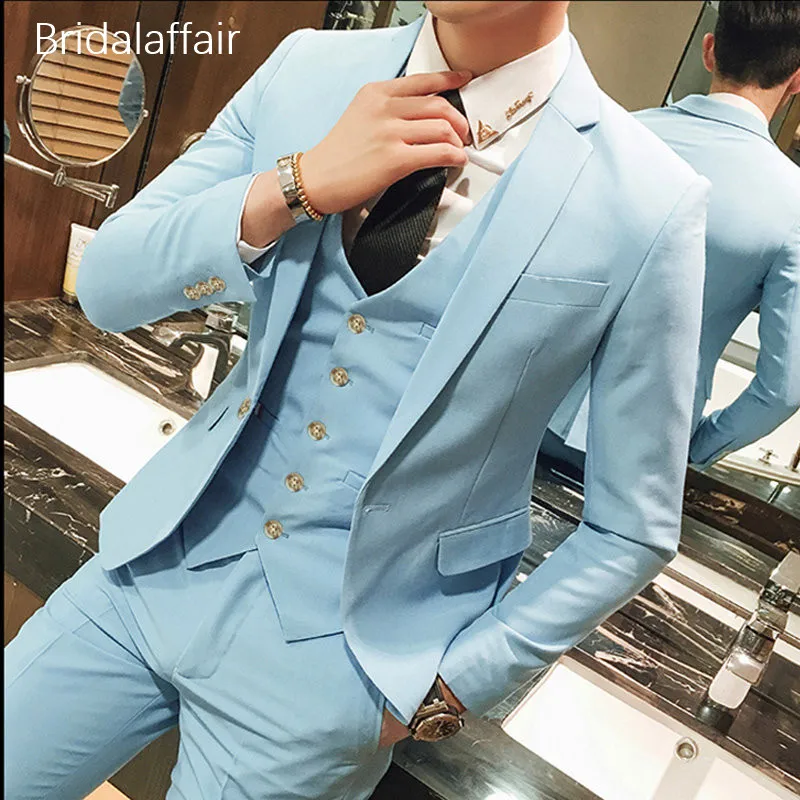 

KUSON Sky Blue Men Suit for Prom Wedding Bridegroom Marriage Tuxedo Bespoke Slim Fit Mens Suits Set Work Wear (Jacket+Pant+Vest)