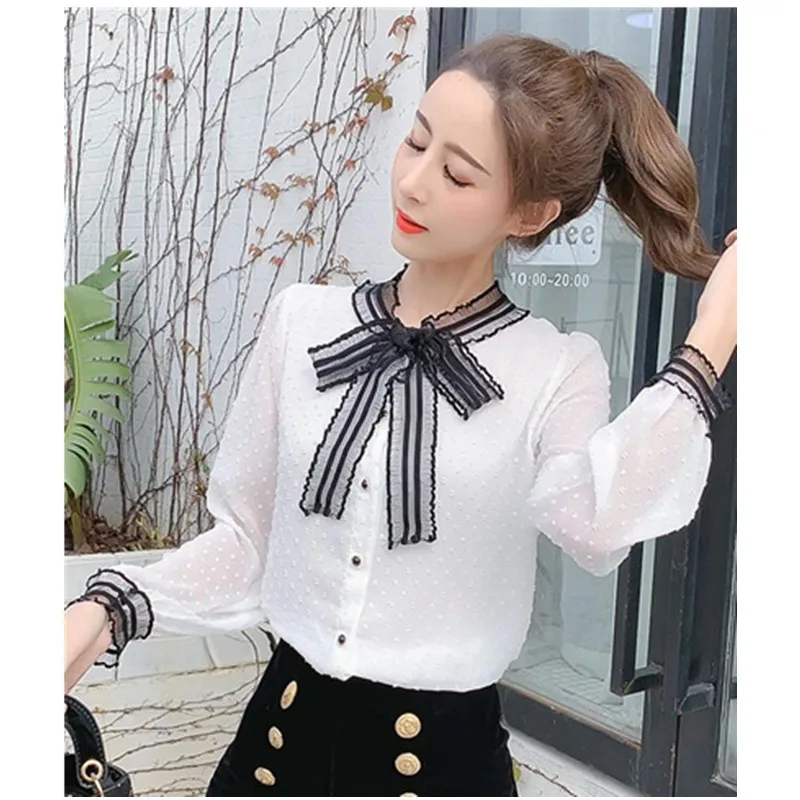 Voorjaar Nieuwe Koreaanse Chiffon Shirt Vrouwen Strik Lange Mouwen Witte Blouse Kleding Meisje Zomer Herfst Casual Mode Slanke Top H9140