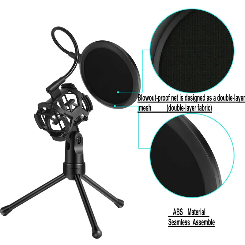 Microphone Stand Desktop Tripod Holder for Computer Video Recording with Mic Basket Holder Gooseneck Windscreen Filter Cover