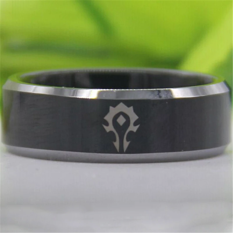 Free Shipping Top Quality The World of Warcraft Horde Design 8MM Black Top Silver Bevel New Men'sTungsten Wedding Band Ring