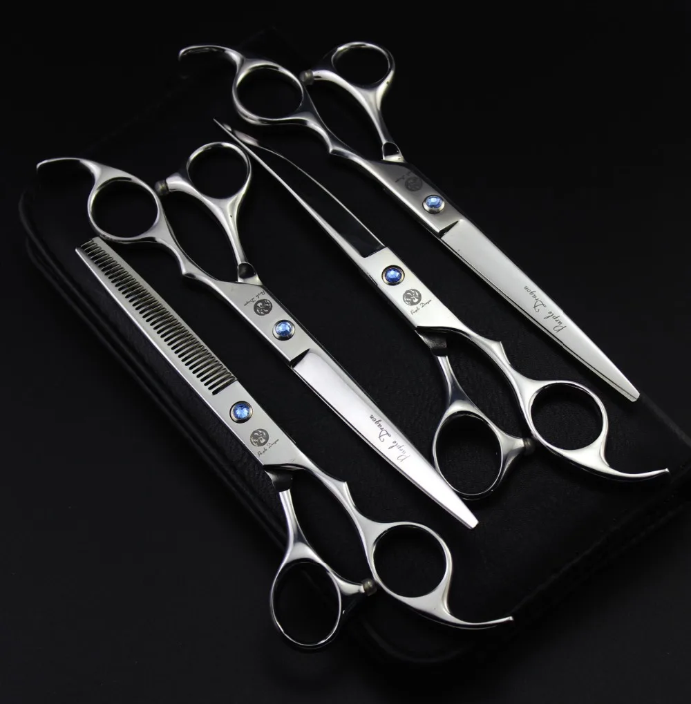 Pets Scissors 4Pcs Suit  685# 7.0'' Hairdressing Scissors Curving Dogs Cats Pets Cutting Scissors Thinning Shears Hair Scissors