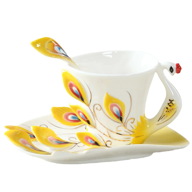 1 Pcs Peacock Coffee Cup Ceramic Creative Mugs Bone China 3D Color Enamel Porcelain Cup with Saucer and Spoon Coffee Tea Sets