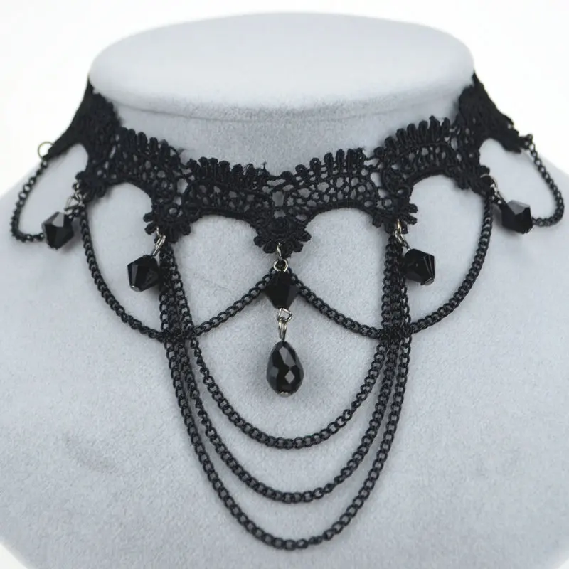 Handmade gothic style fashion lace chain choker necklaces & new black crystal Pendant collar necklace for  women's party dress