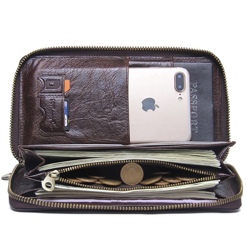 Genuine Leather Men Clutch Wallet  Brand Male Card Holder Long  Zipper Around Travel Purse With Passport Holder 6.5\