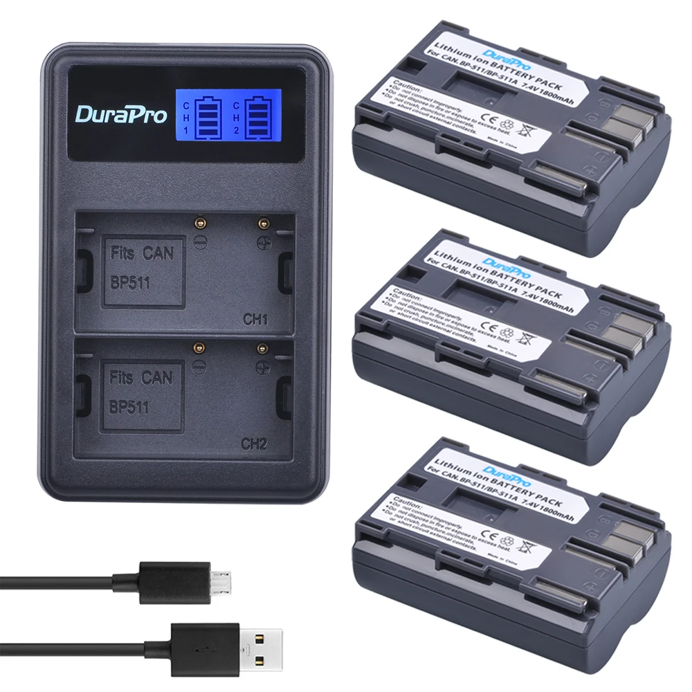 

DuraPro 3pc 1800mAh BP-511 BP 511 BP-511A Bateria + LCD USB Charger for Canon BP-511 BP-511A EOS 50D 40D 30D D60 D30 5D Battery