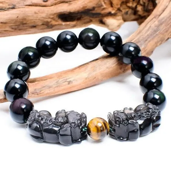 Man Bracelet Feng Shui Wealth Double Pixiu Bracelet Jewelry Lucky Animal Bracelet Obsidain Piyao Beaded Bracelet Jewelry