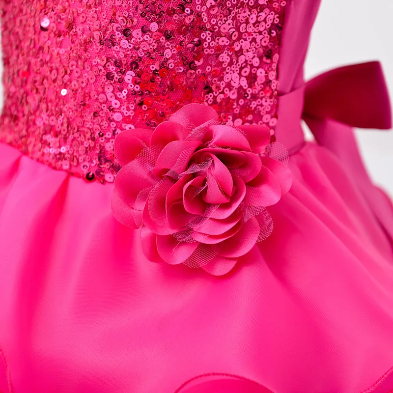 Linia Hot Pink Ruffles Organza Seuqins z krótkim rękawem długie wesele dzieci suknie pierwsza komunikacja sukienka kwiat sukienki dla dziewczynek