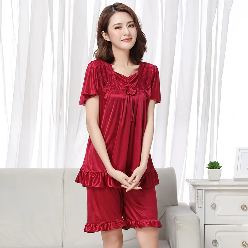 Sexy Short Sleeve Casual Slim Solid Women Lingerie Silk Women Pajamas Set Home Clothing