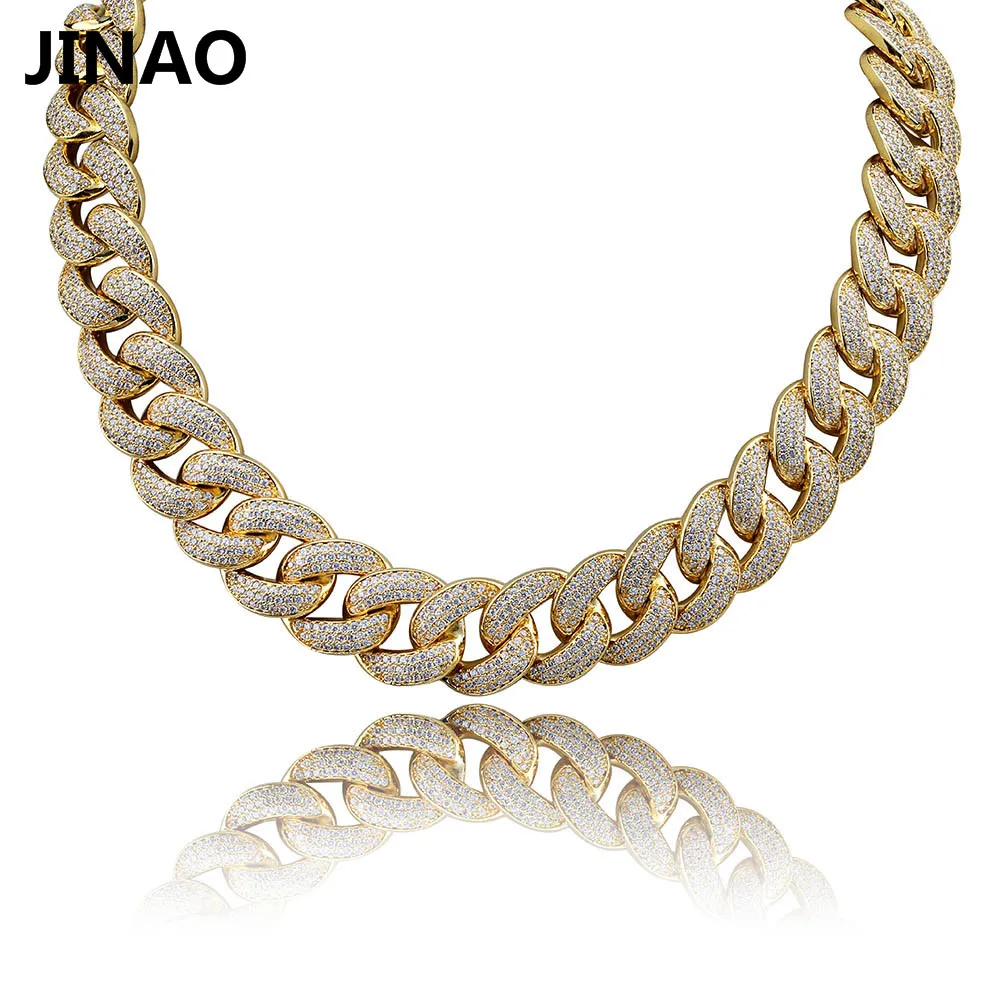 JINAO New 18MM Maimi Cuban Link Chain Necklace &Rose Color Iced Out Cubic Zircon Hip Hop Jewelry For Men Women Gift