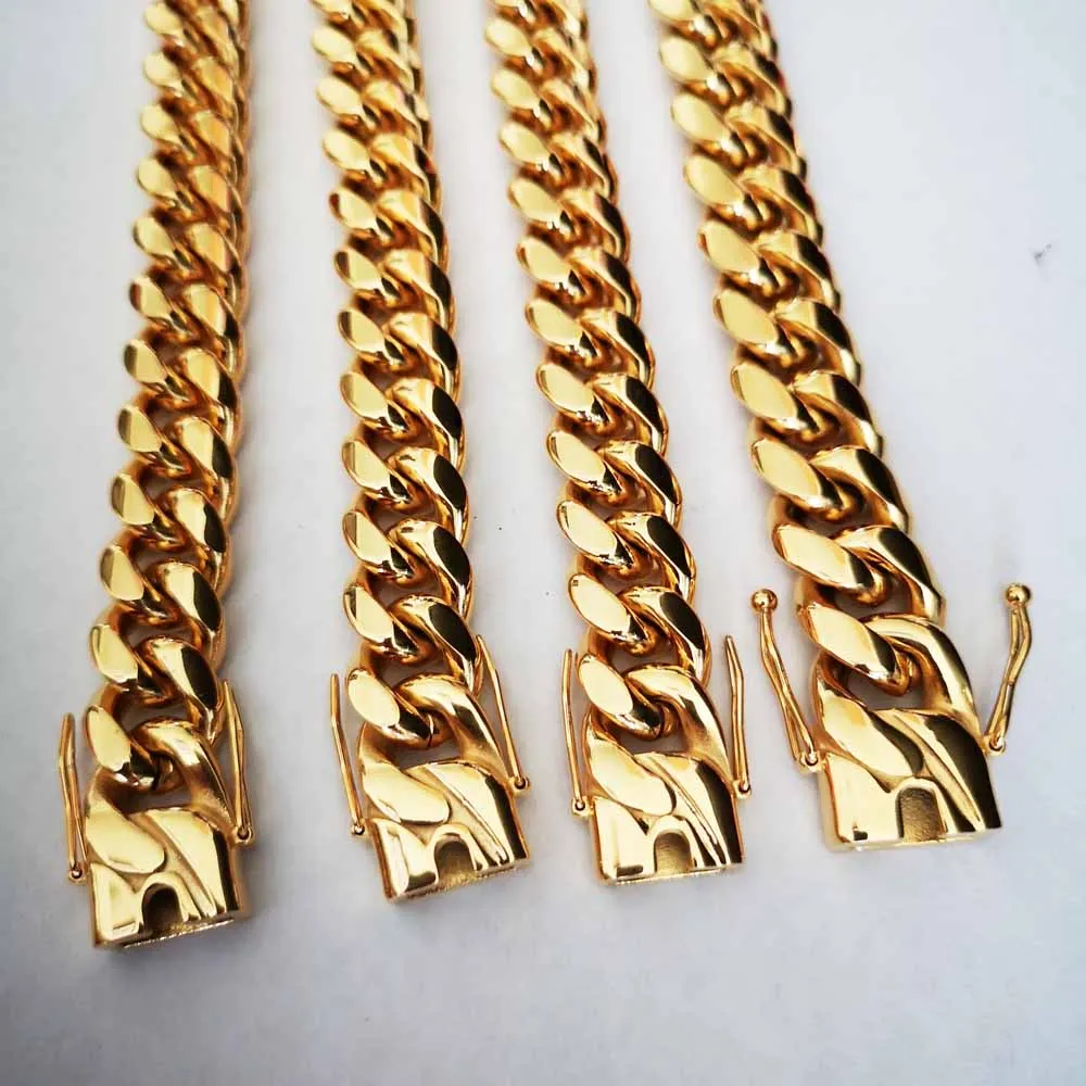 14mm Stainless Steel Miami Curb Cuban Chain Link Necklace Bracelet Boys Men 18K Gold Plated Hip Hop Dragon Lock Clasp Jewelry