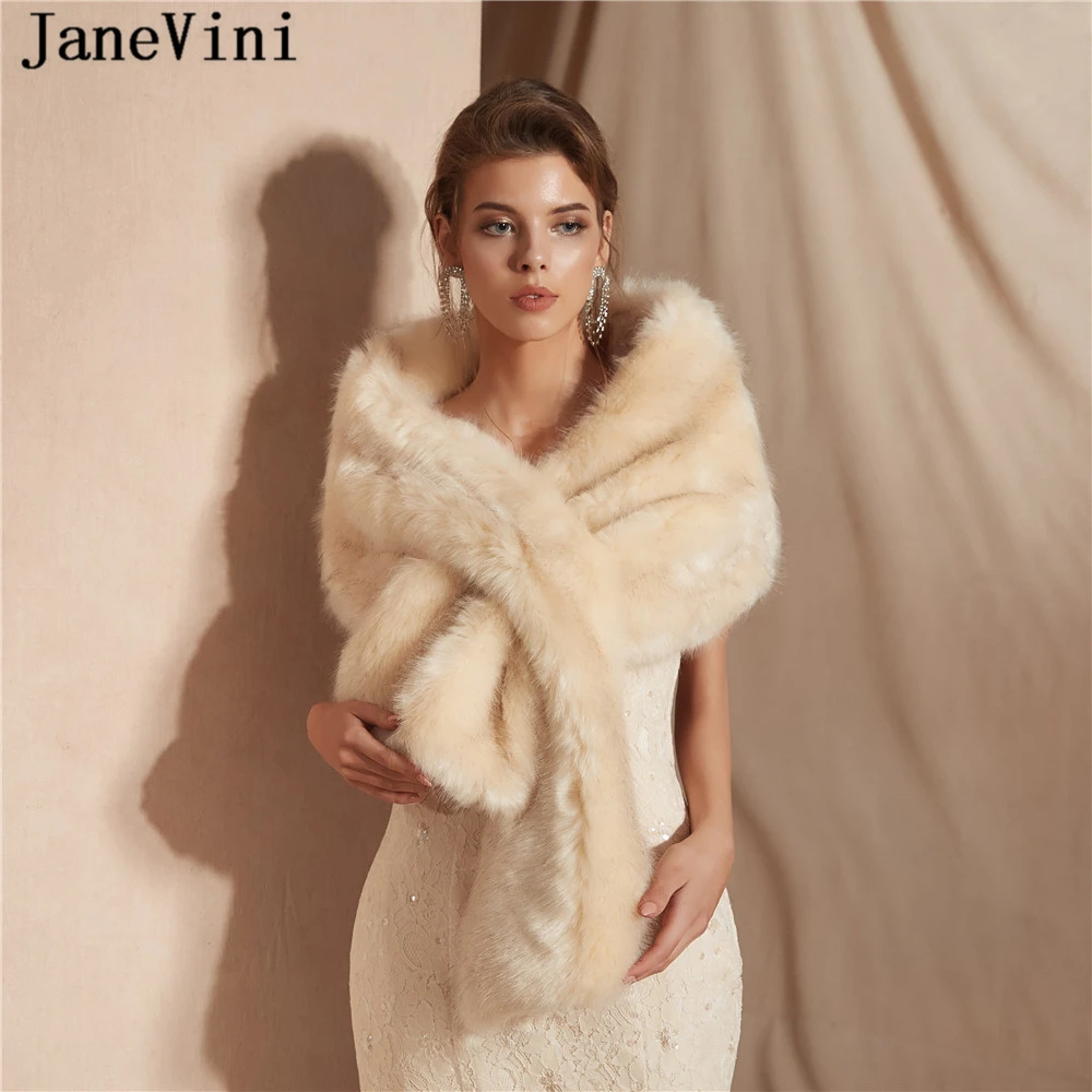 JaneVini 2021 Chic Champagne Faux Fur Bridal Shawl Wraps Winter Wedding Capes Fake Fox Fur Women Party Bolero Mariee Stole Shrug