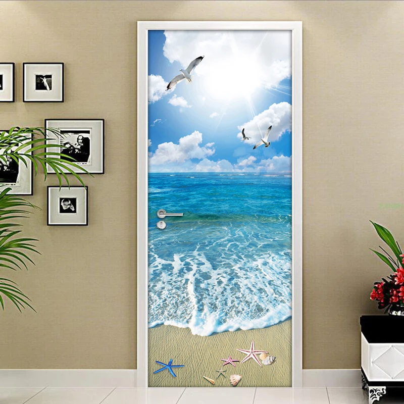 

3D Door Wallpaper Blue Sky White Clouds Beach Mural Livingroom Bedroom Door Sticker PVC Self-Adhesive Waterproof Vinyl Wallpaper