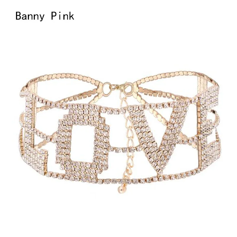 Romantic love Rhinestone Chain Choker Necklace For Women Chunky Crystal Chain Choker Collar Fashion Bridal Jewelry Colliers