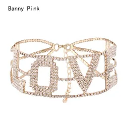 Romantic love Rhinestone Chain Choker Necklace For Women Chunky Crystal Chain Choker Collar Fashion Bridal Jewelry Colliers