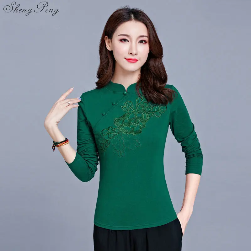 Cheongsam Top Traditional Chinese Clothes For Women Long Sleeve Shirt Cotton Vintage Clothing Top and Blouse G117