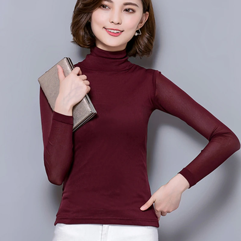 Lưới Sexy Áo Áo Nữ Cao Cổ Tay Dài Cao Cấp Đàn Hồi Áo Sơ Mi Đen Silm Blusas Mujer De Moda Cổ Áo Sơ Mi Mới