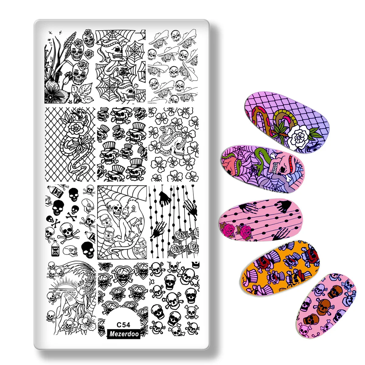 Mezerdoo Rectangle Stamping Plate Skull Snake Cobweb Flowers Design 3D Manicure Stencil Template DIY Manicure Nail Tools C54