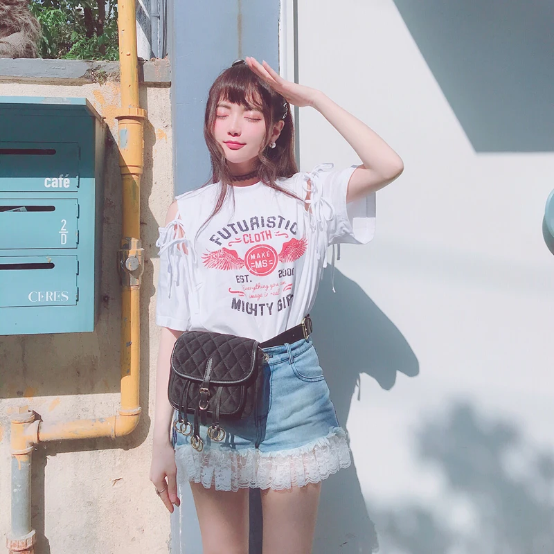 

Princess sweet lolita T-shirts Summer cool girl ins super fire badge small shoulder strap short sleeved T-shirt fashion T1636