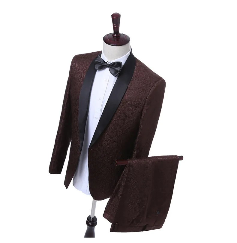 FOLOBE Tuxedo 2 Piece Jacquard Suit Luxury Brown Costume Mariage Homme Mens Suits With Pants Vintage Mens Suit British LS1624