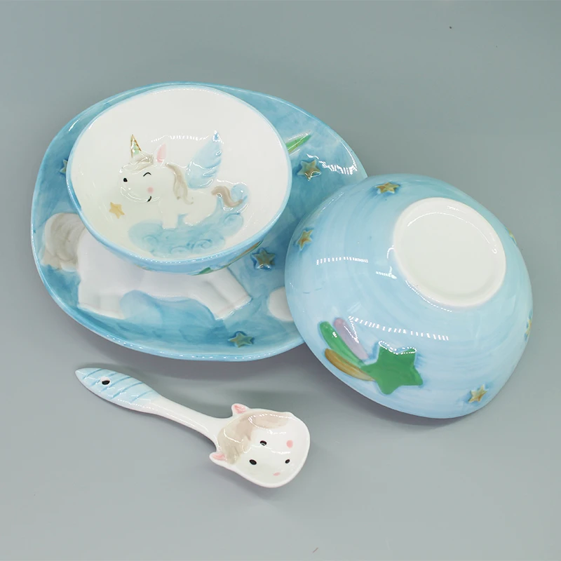 1pc Unicorn Children Dinnerware Set Ceramic Dish Plate Rice Snack Bowl Spoon for Kids Cutlery Set