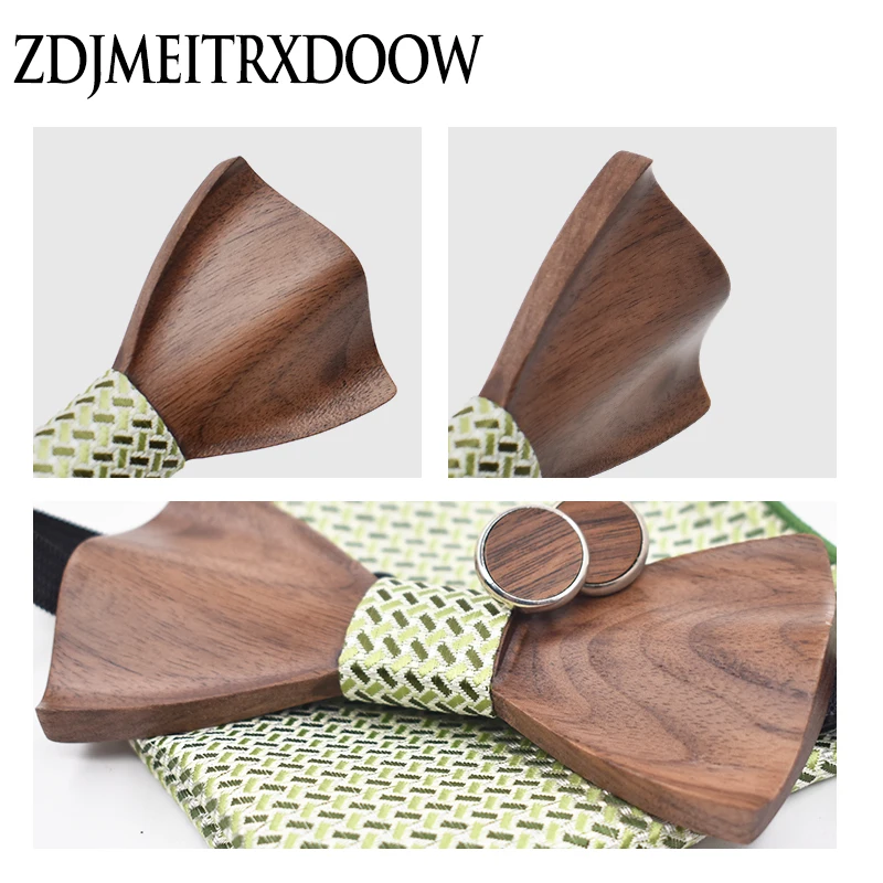 Wood Bow Tie Set Cravat Wooden Box Cufflinks Bowtie Plaid Handkerchief Pocket Square Men Wedding Suit Shirt