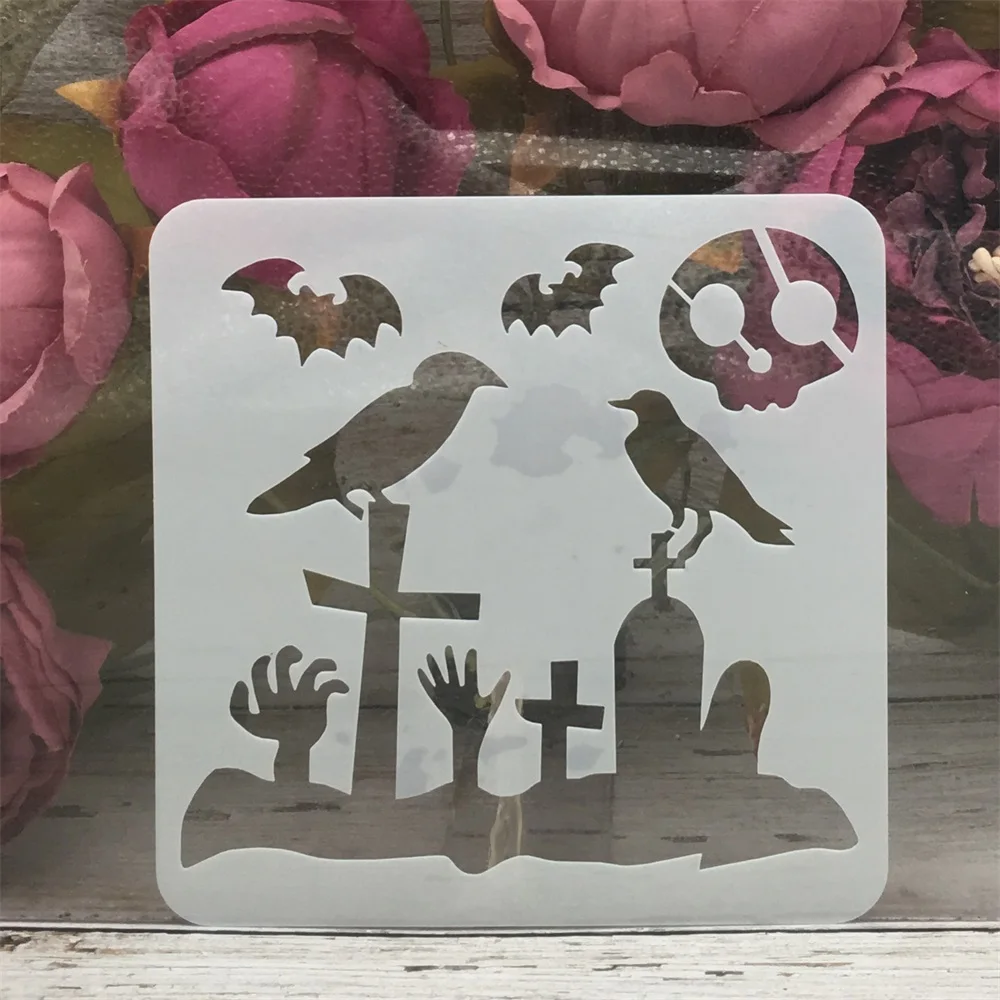 

13*13cm Crow Bat Skull Tomb Halloween DIY Layering Stencils Painting Scrapbook Coloring Embossing Album Decorative Template