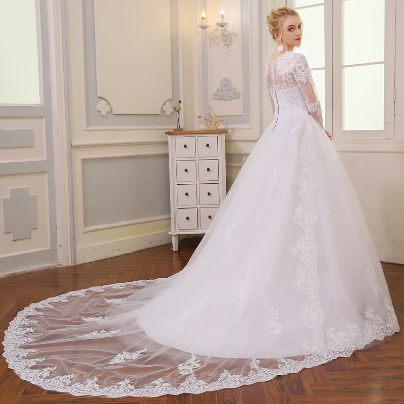 Vestidos de noiva elegante uma linha vestido de casamento de manga longa personalizado tule apliques frisado princesa rendas vestidos de casamento