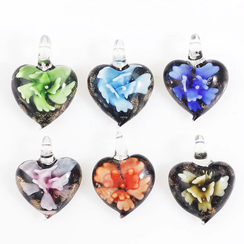 QianBei Fashion Wholesale 6pcs Small Cute Charming Flower Heart Lampwork Glass Pendants Free Shipping