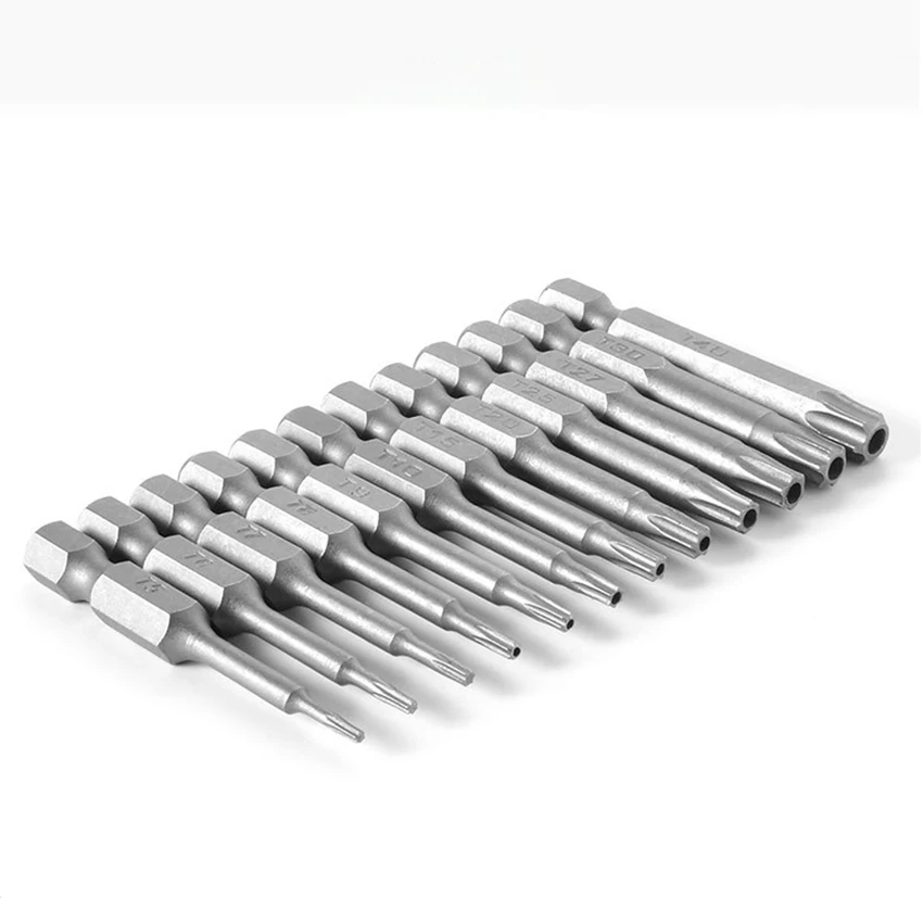 12PCS/Set 50mm Long Hex Shank Torx Screwdriver Bits T5-T40 S2 Steel Hollow Hole Screwdriver Bits for Screwdriver Electric Drill