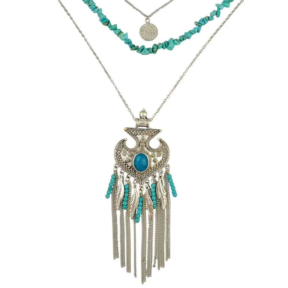 Gypsy Multilayers Blue Beads Statement Necklaces for Women Boho Geometric Long Coin Tassel Necklace Turkish Jewelry