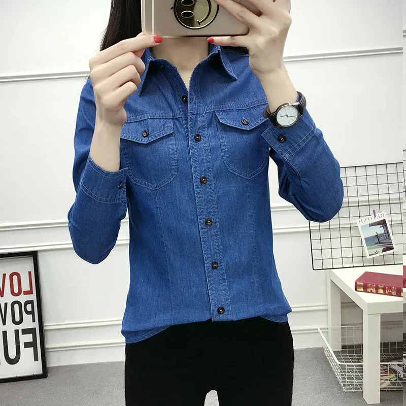 Autumn Long Sleeve Denim Shirts Women Casual Streetwear Pockets Button Up Slim Ladies Tops Cotton Vintage Jean Blouses Sky Blue