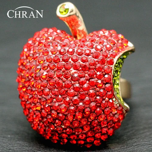 CHRAN Classic Red Crystal Apple Design Band Rings for Women Trend Gold Color Party Jewelry Perfect Ladies Gift